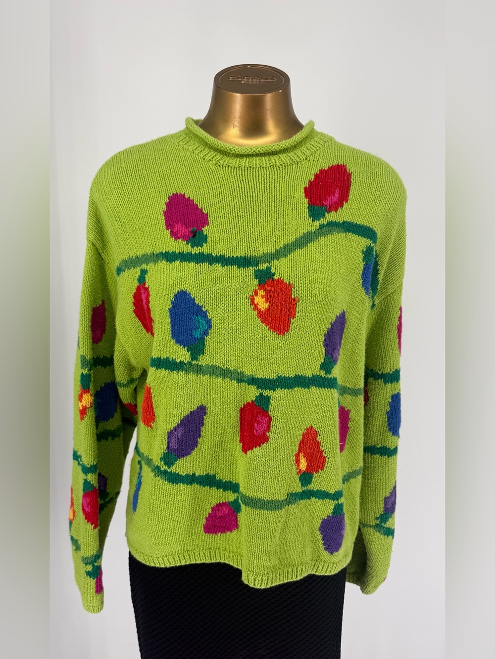 Marisa Christina Lime Green Vintage Christmas Intarsia Crewneck Sweater Size L
